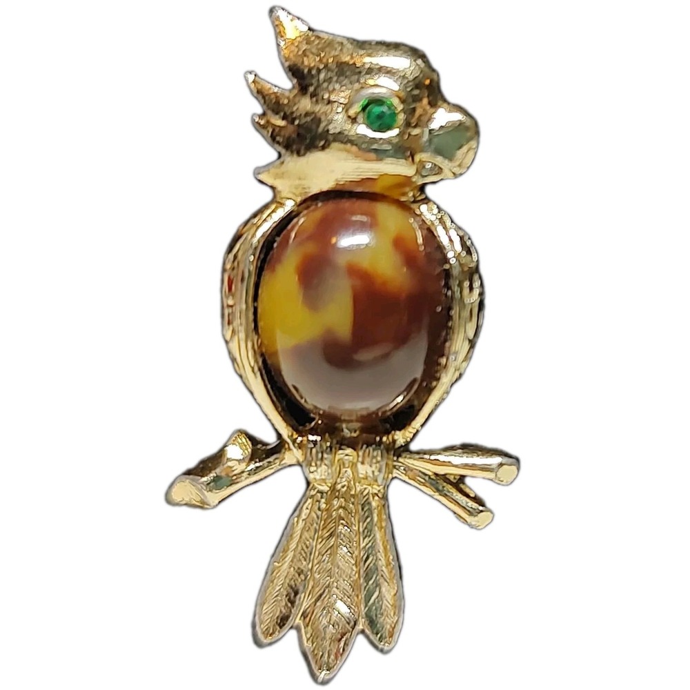 Ballou Vintage Parrot Bird Brooch Pin‎ Gold Tone Green Rhinestone Marbled Bead